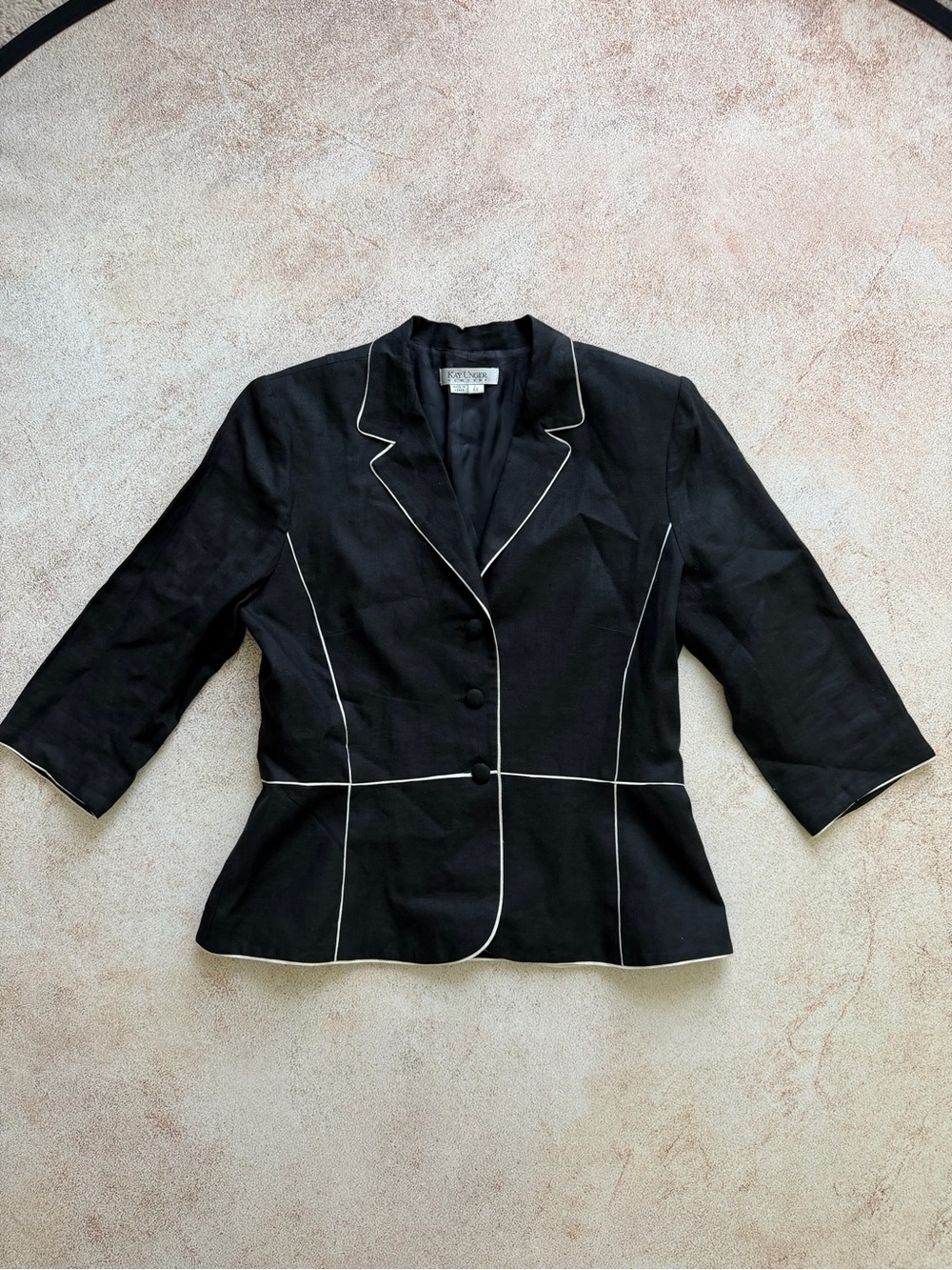 Kay Unger Black Linen Blazer with White Piping